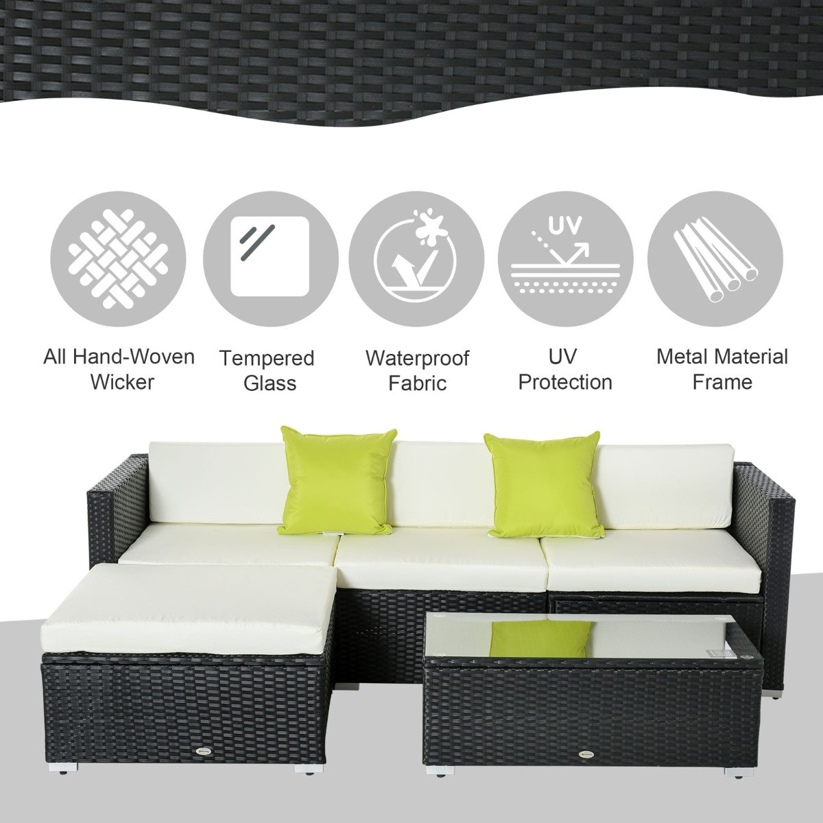 Outsunny Rattan Garden Sectional Sofa Set, Black - 4 Seater>