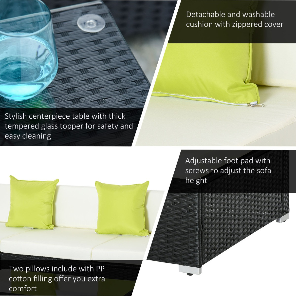 Outsunny Rattan Garden Sectional Sofa Set, Black - 4 Seater>