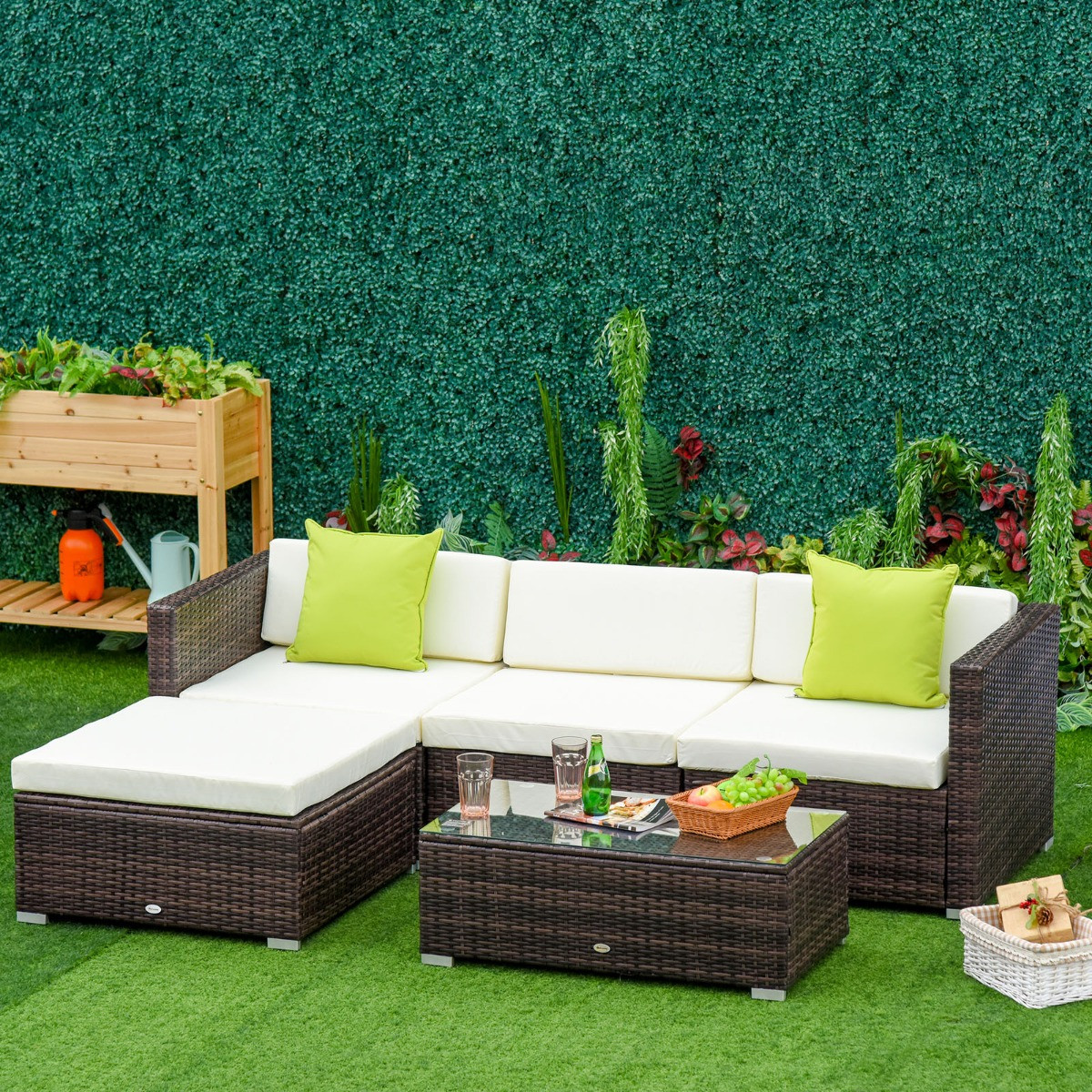 Outsunny Rattan Garden Sectional Sofa Set, Brown - 4 Seater>