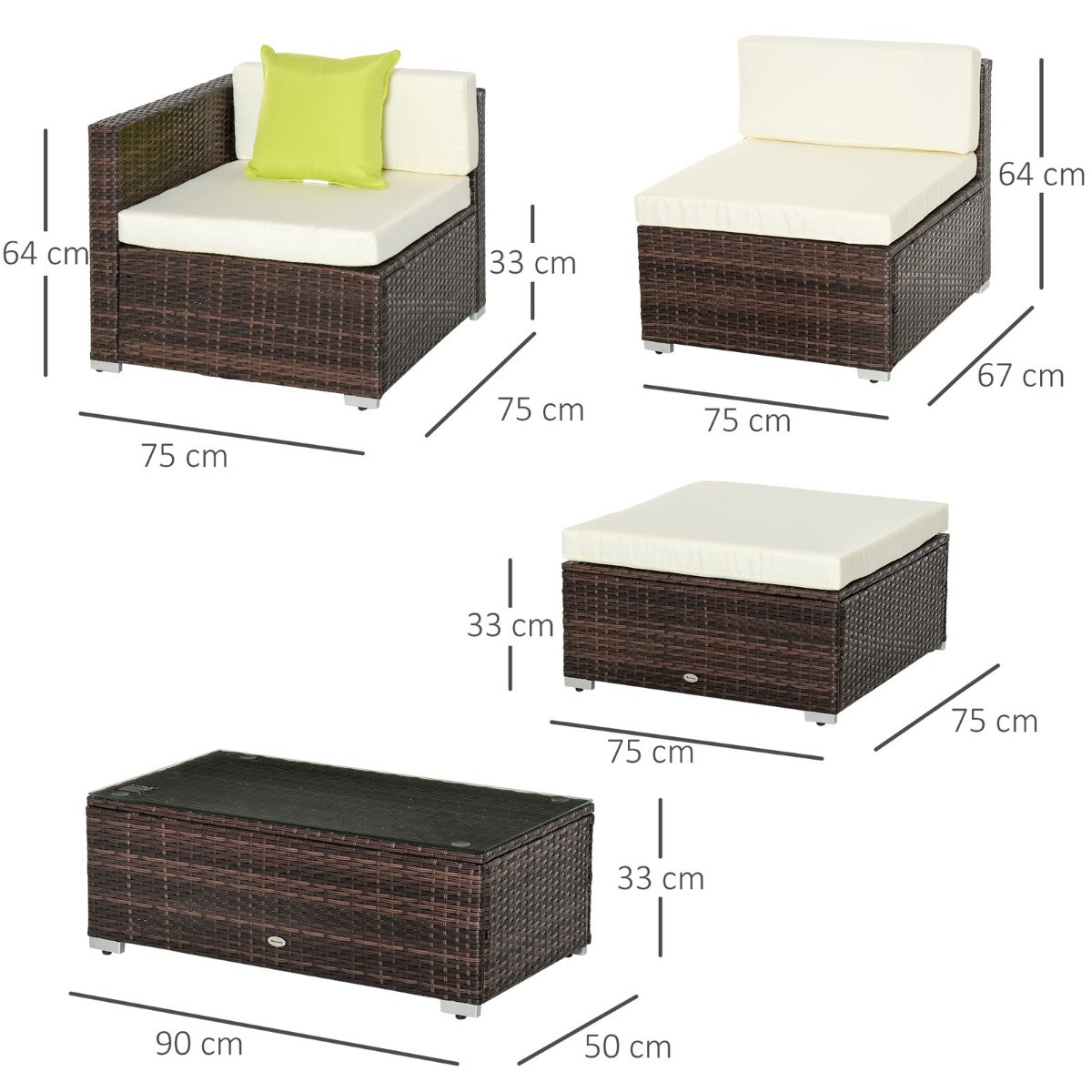 Outsunny Rattan Garden Sectional Sofa Set, Brown - 4 Seater>
