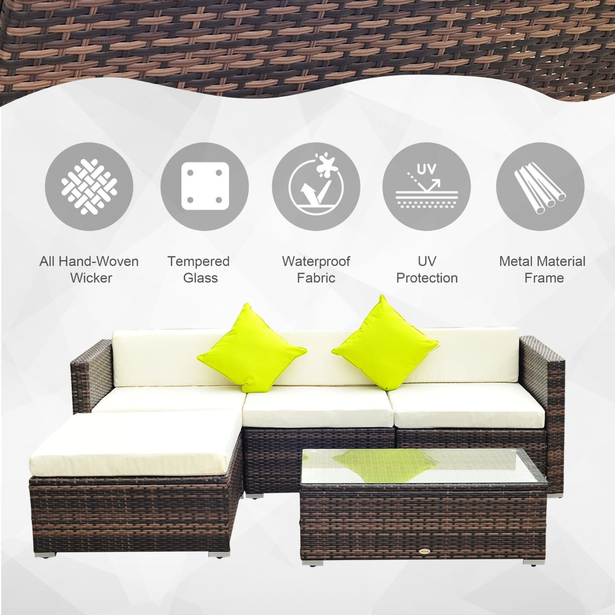 Outsunny Rattan Garden Sectional Sofa Set, Brown - 4 Seater>