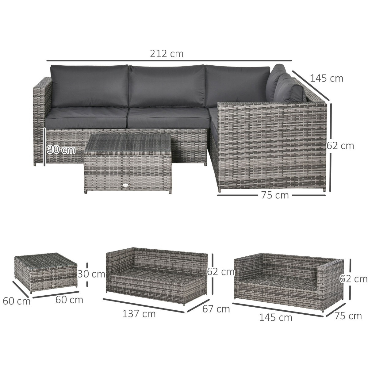 Outsunny Rattan Corner Sofa Set With Coffee Table, Grey - 4 Seater>