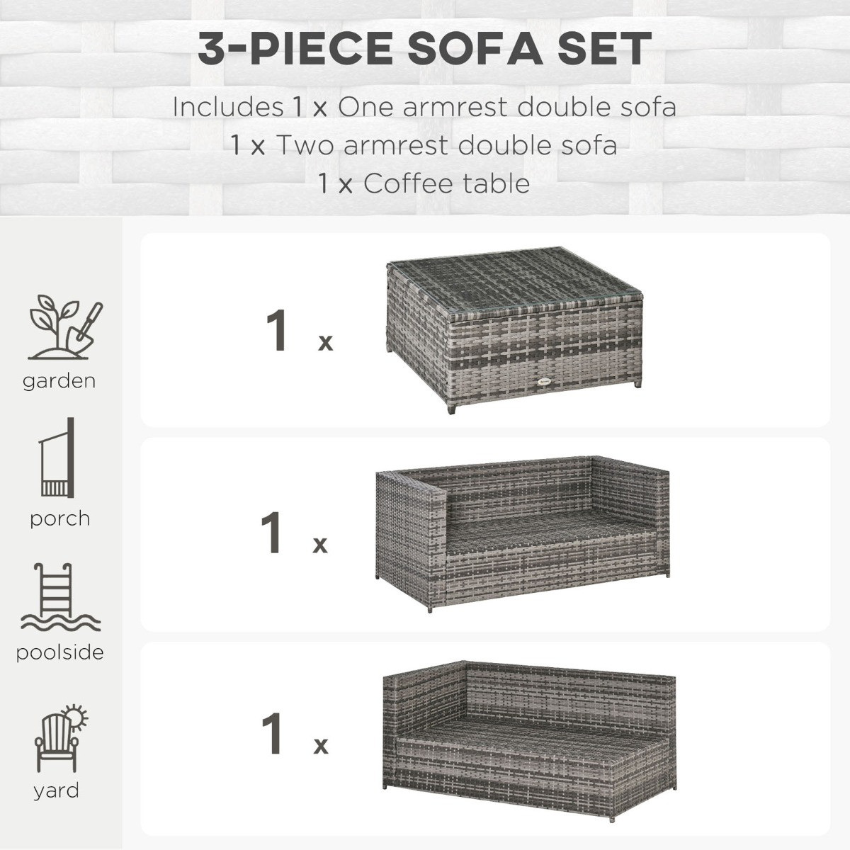 Outsunny Rattan Corner Sofa Set With Coffee Table, Grey - 4 Seater>