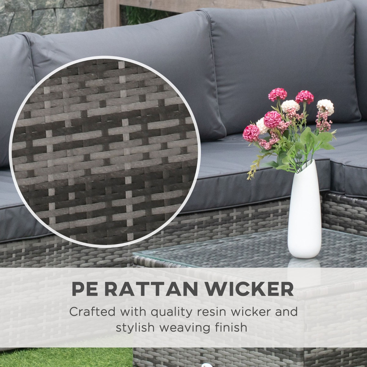 Outsunny Rattan Corner Sofa Set With Coffee Table, Grey - 4 Seater>