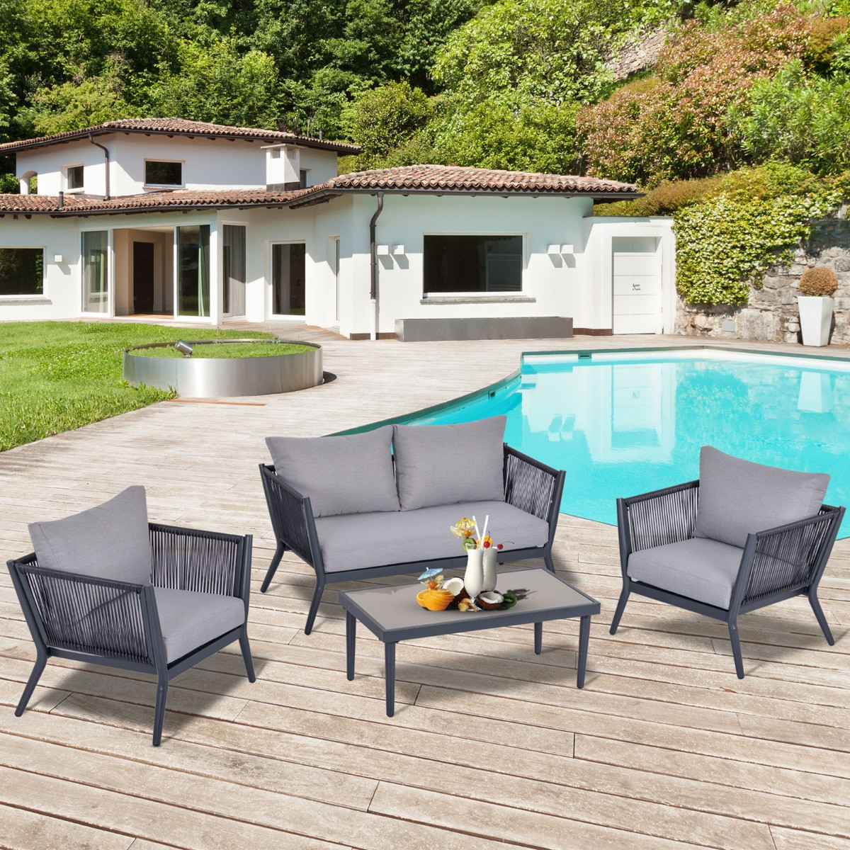 Outsunny Wicker Rattan Sofa Set With Coffee Table, Charcoal - 4 Seater>