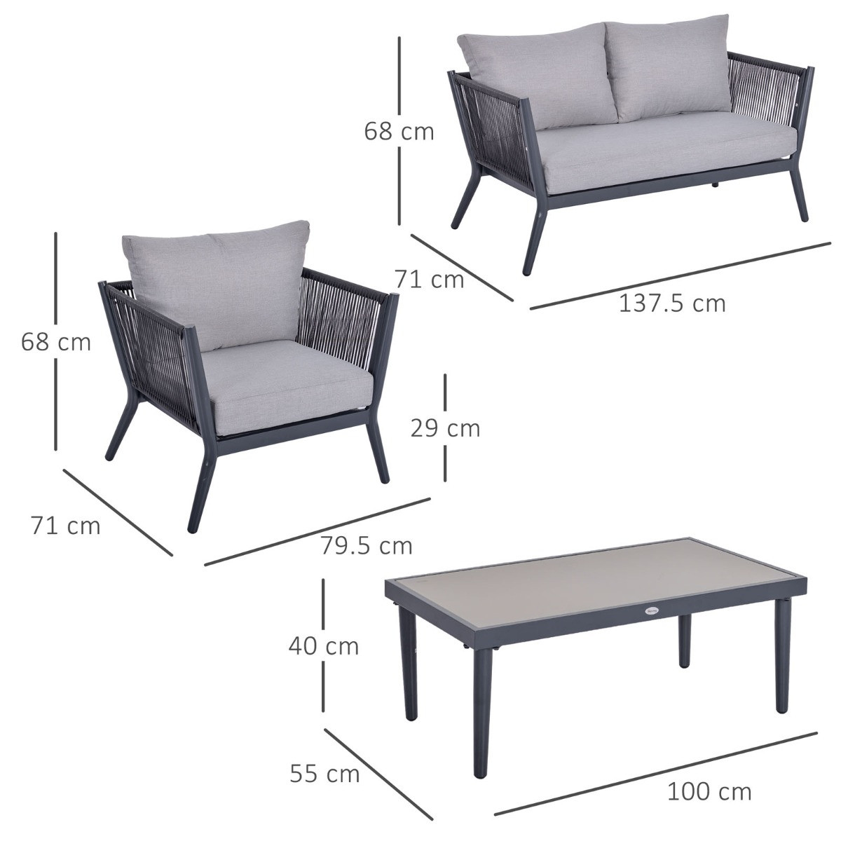 Outsunny Wicker Rattan Sofa Set With Coffee Table, Charcoal - 4 Seater>