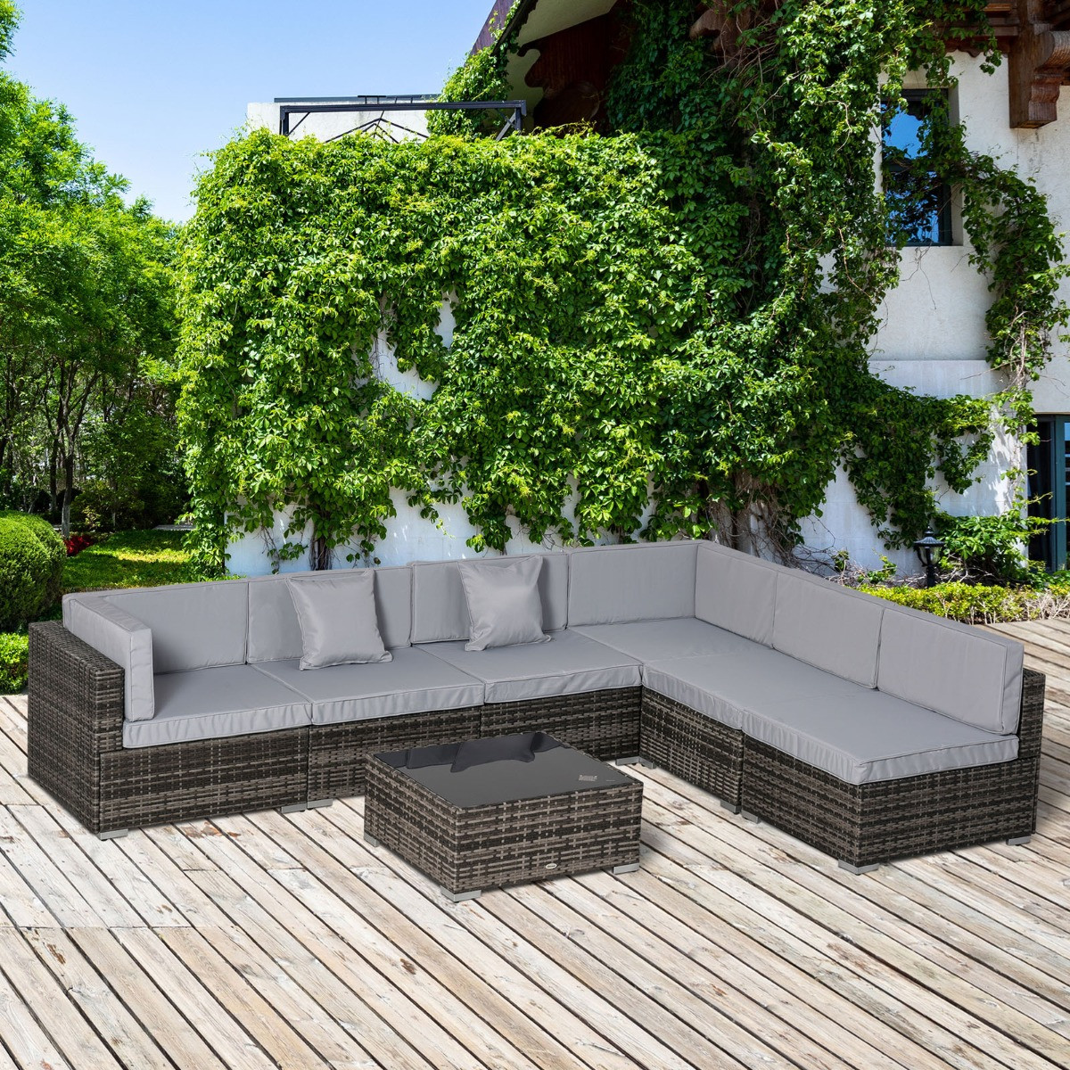Outsunny Wicker Rattan Sectional Sofa Furniture Set, Grey - 6 Seater>