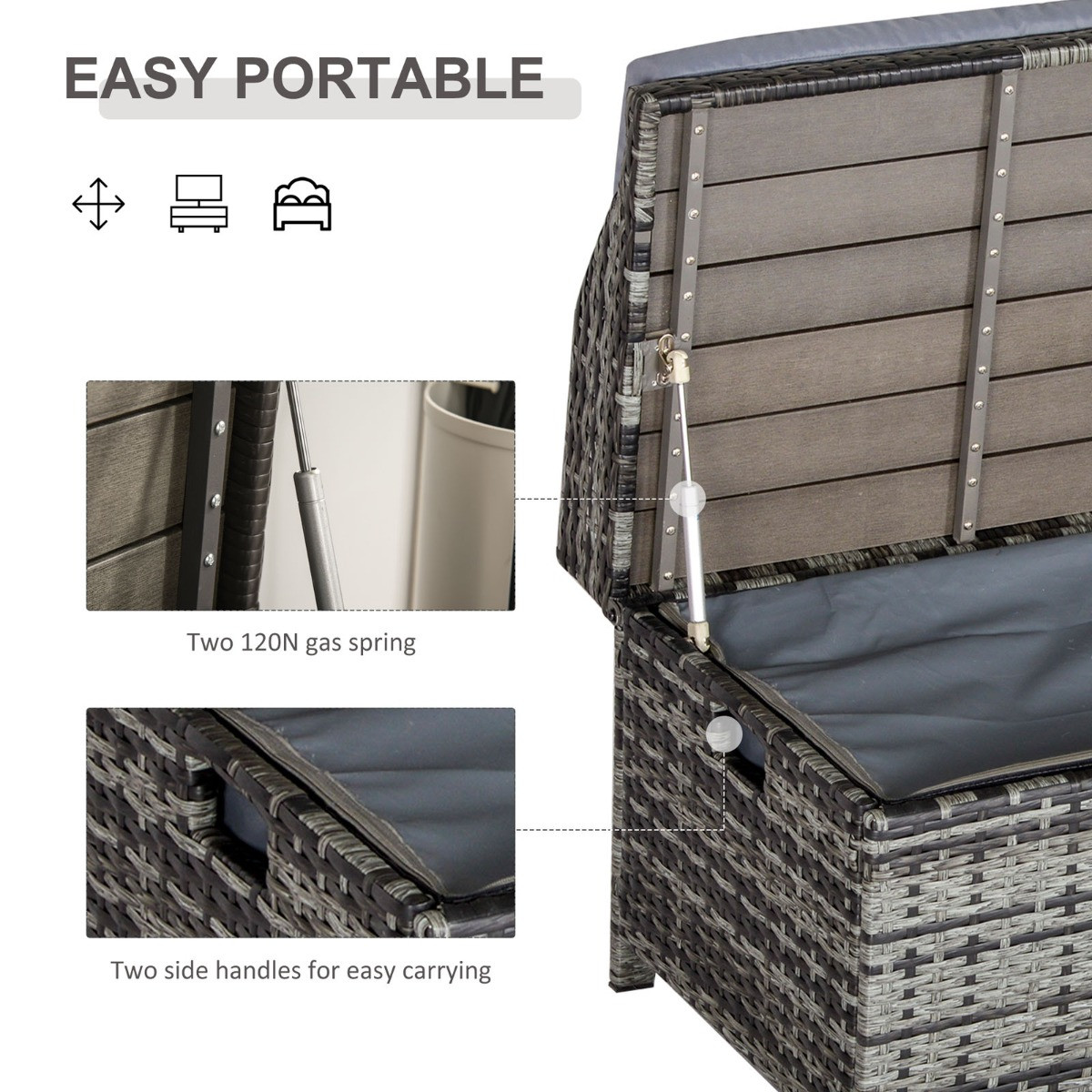 Outsunny Wicker Rattan Storage Box Seat With Cushion - Grey>