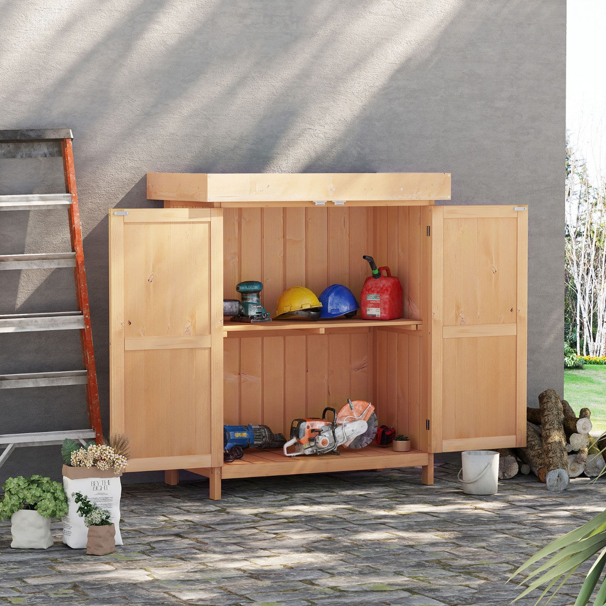 Outsunny Wooden Garden Storage Shed Cabinet - Natural Wood>