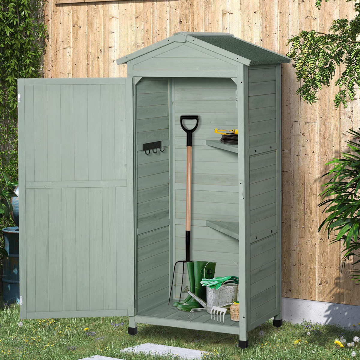 Outsunny Wooden Garden Storage Shed Cabinet, Sage - Tall>