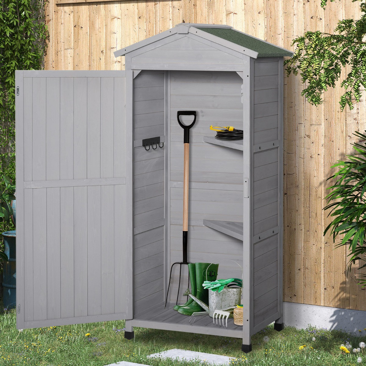 Outsunny Wooden Garden Storage Shed Cabinet, Grey - Tall>