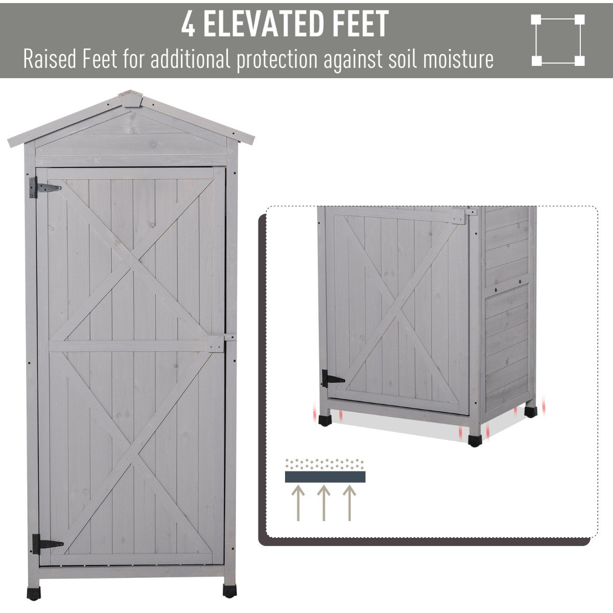 Outsunny Wooden Garden Storage Shed Cabinet, Grey - Tall>
