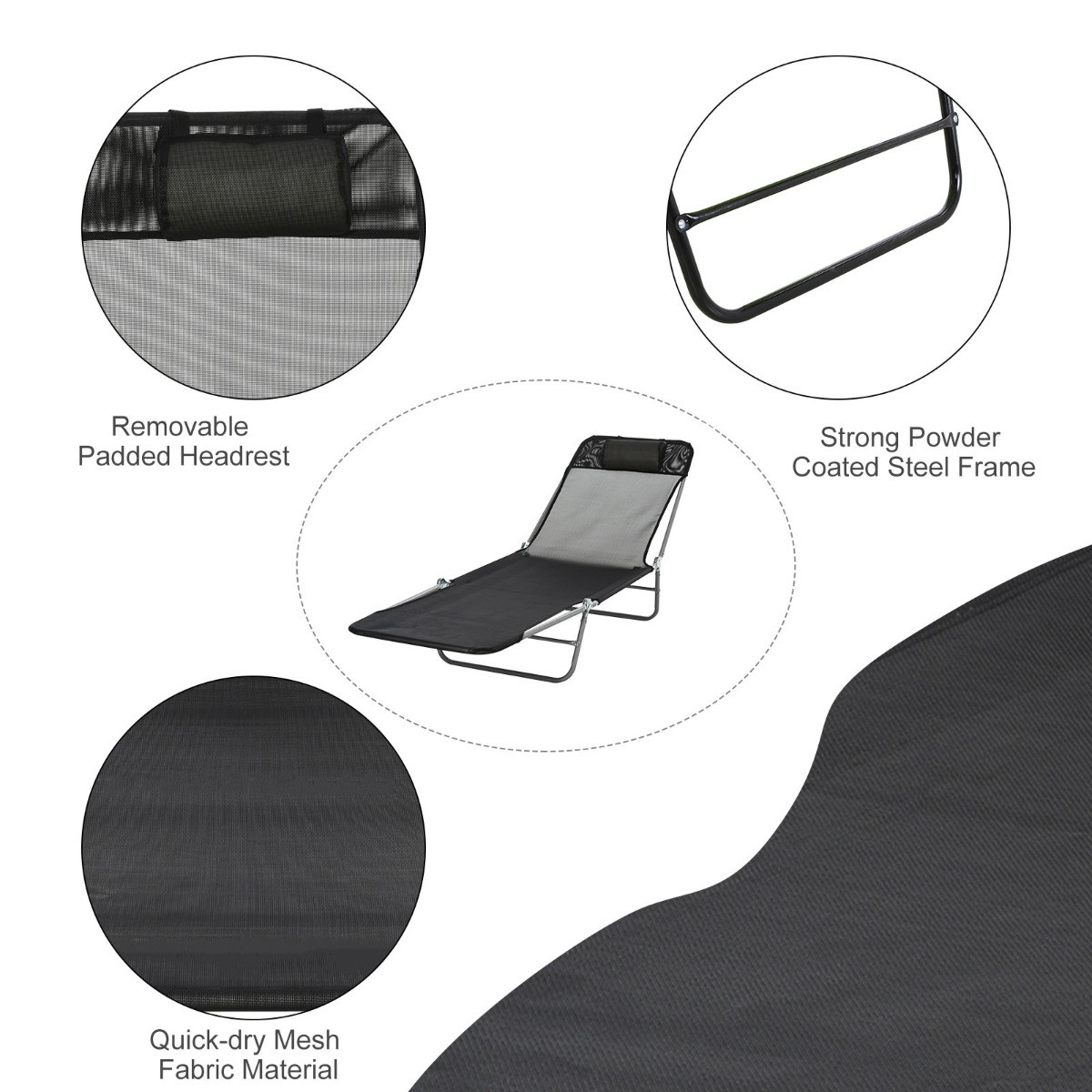 Outsunny Garden Recliner Adjustable Sun Lounger - Black>