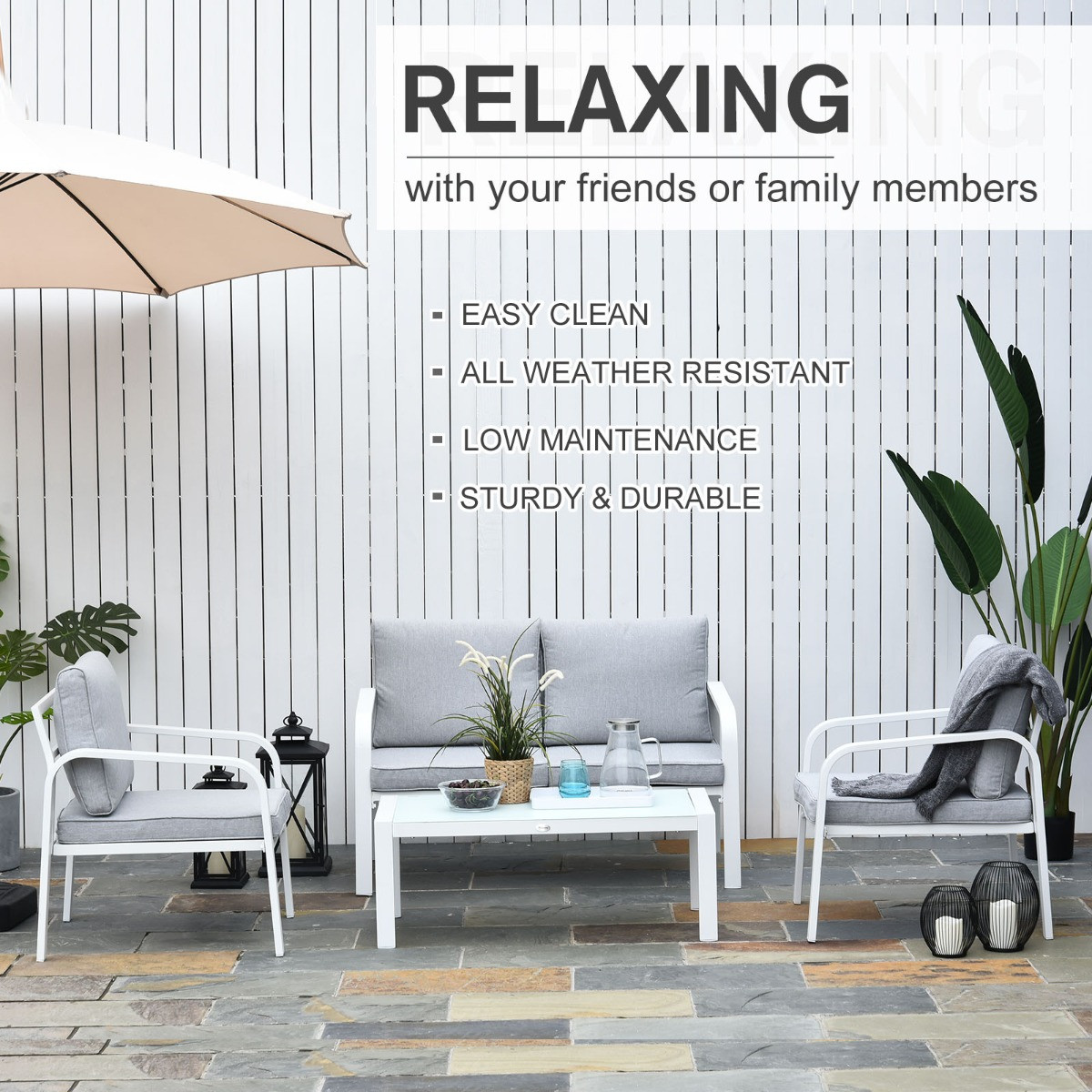 Outsunny Pe Rattan Table And Chairs Set, 4 Seater - White/Grey>