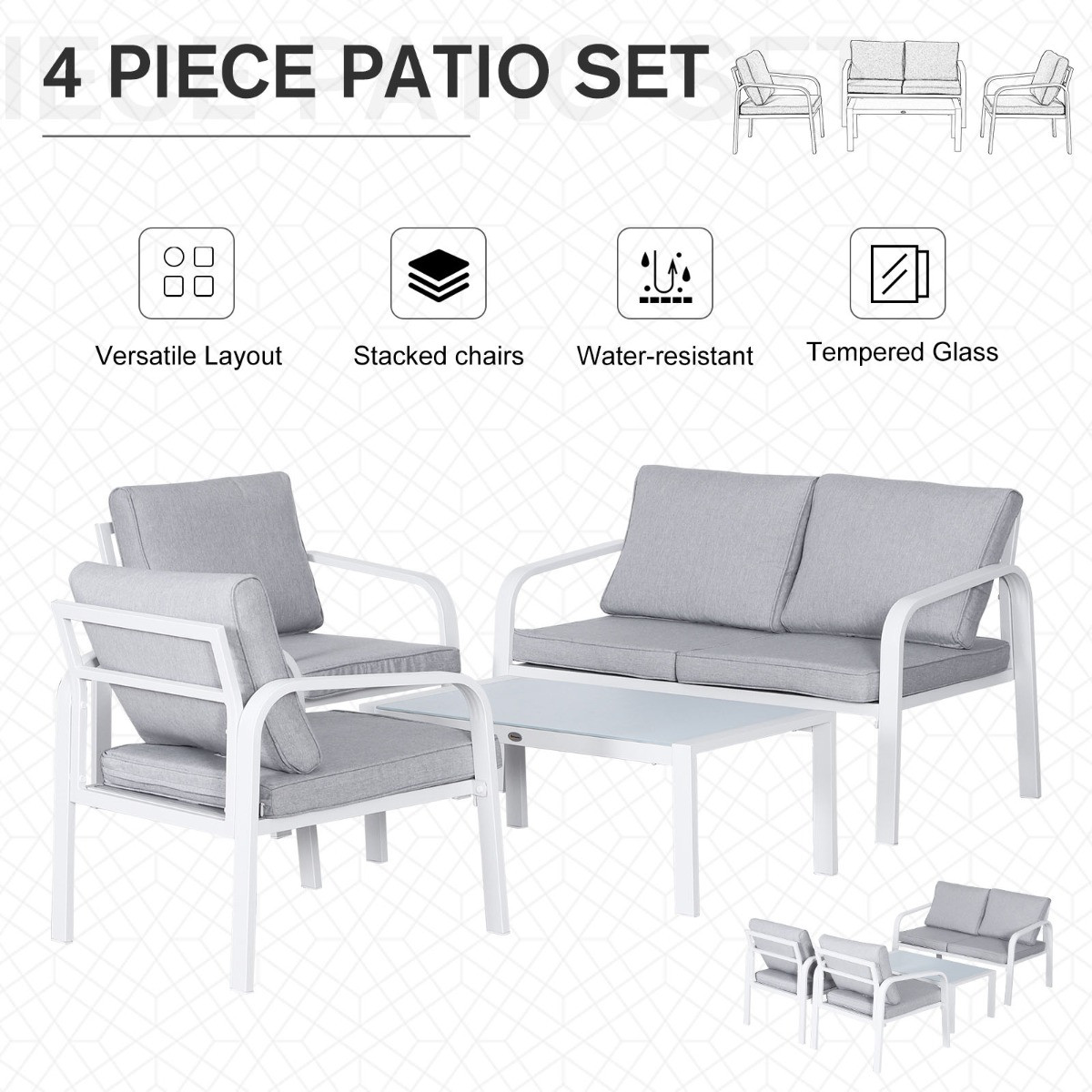 Outsunny Pe Rattan Table And Chairs Set, 4 Seater - White/Grey>