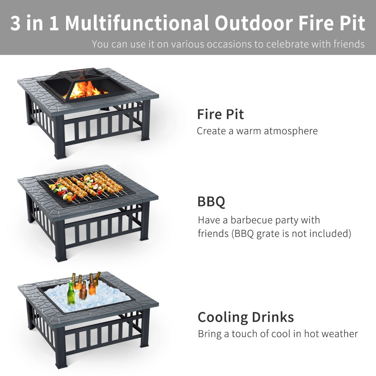Outsunny Square Metal Fire Pit With Cover - Black/Grey>