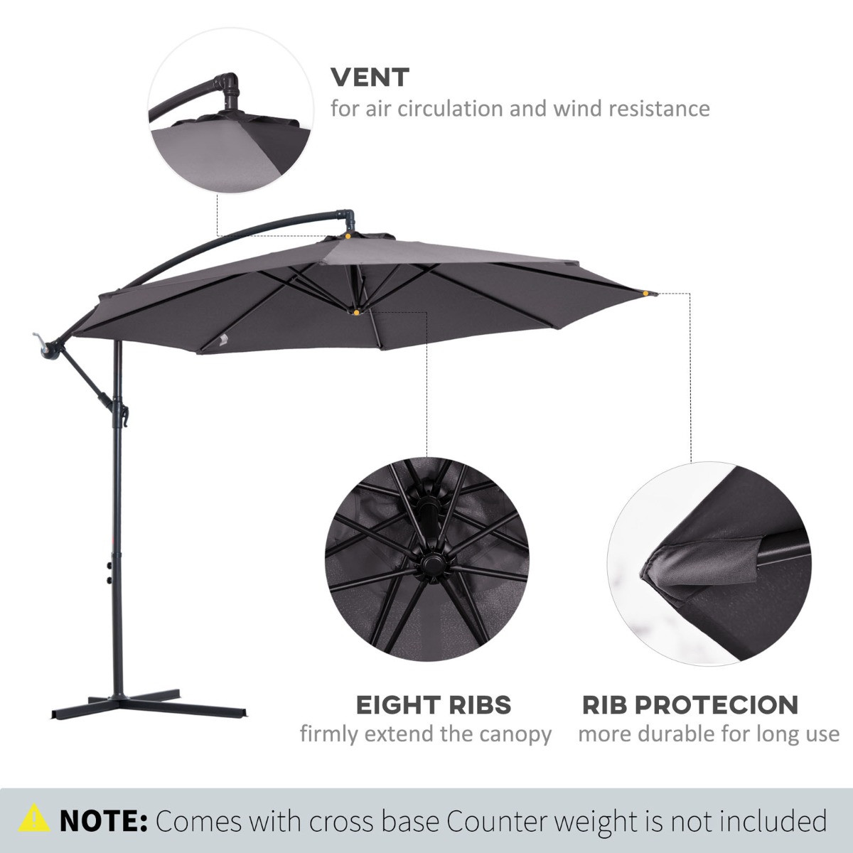 Outsunny Cantilever Parasol Umbrella, Charcoal - 3M>