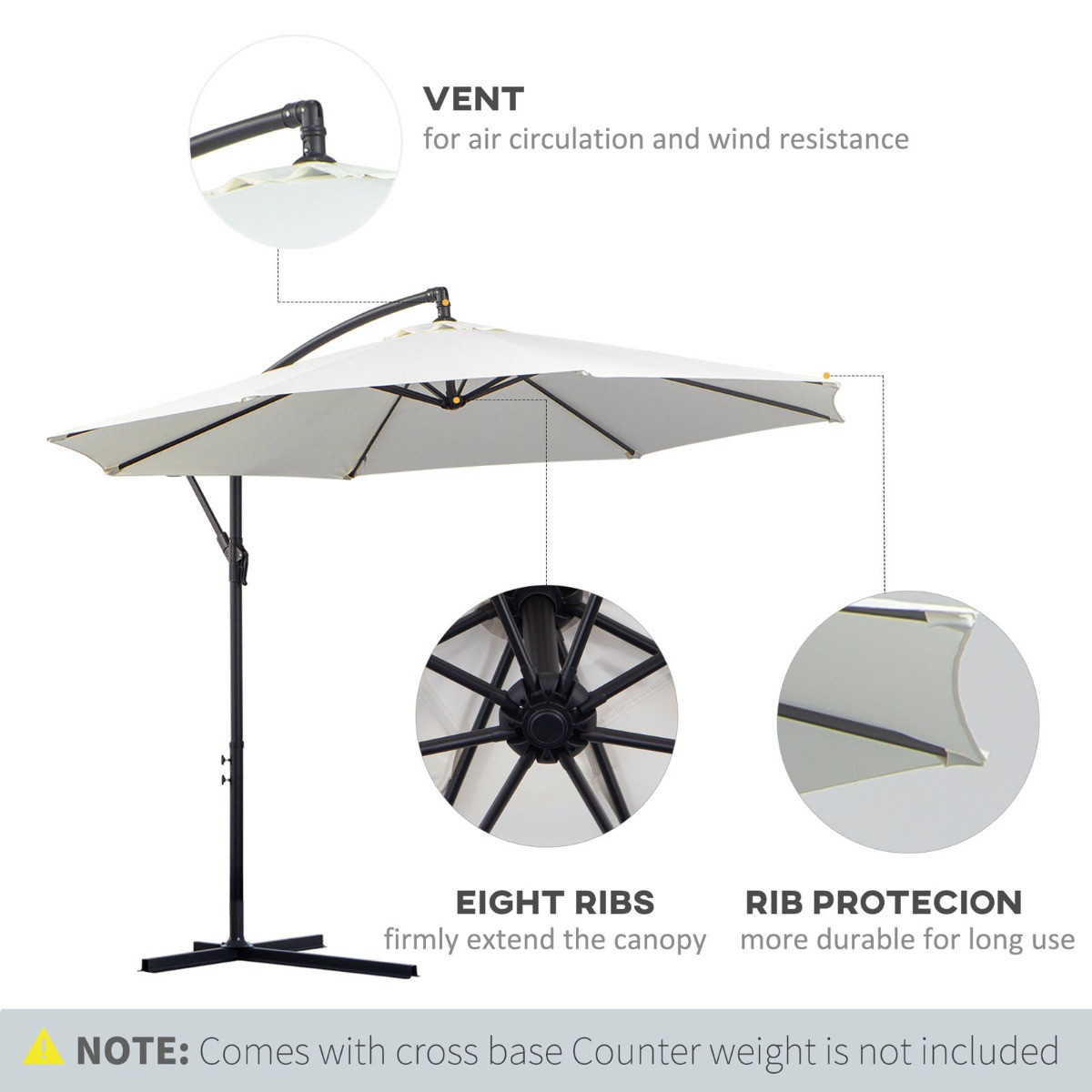 Outsunny Cantilever Parasol Umbrella, Cream - 3M>