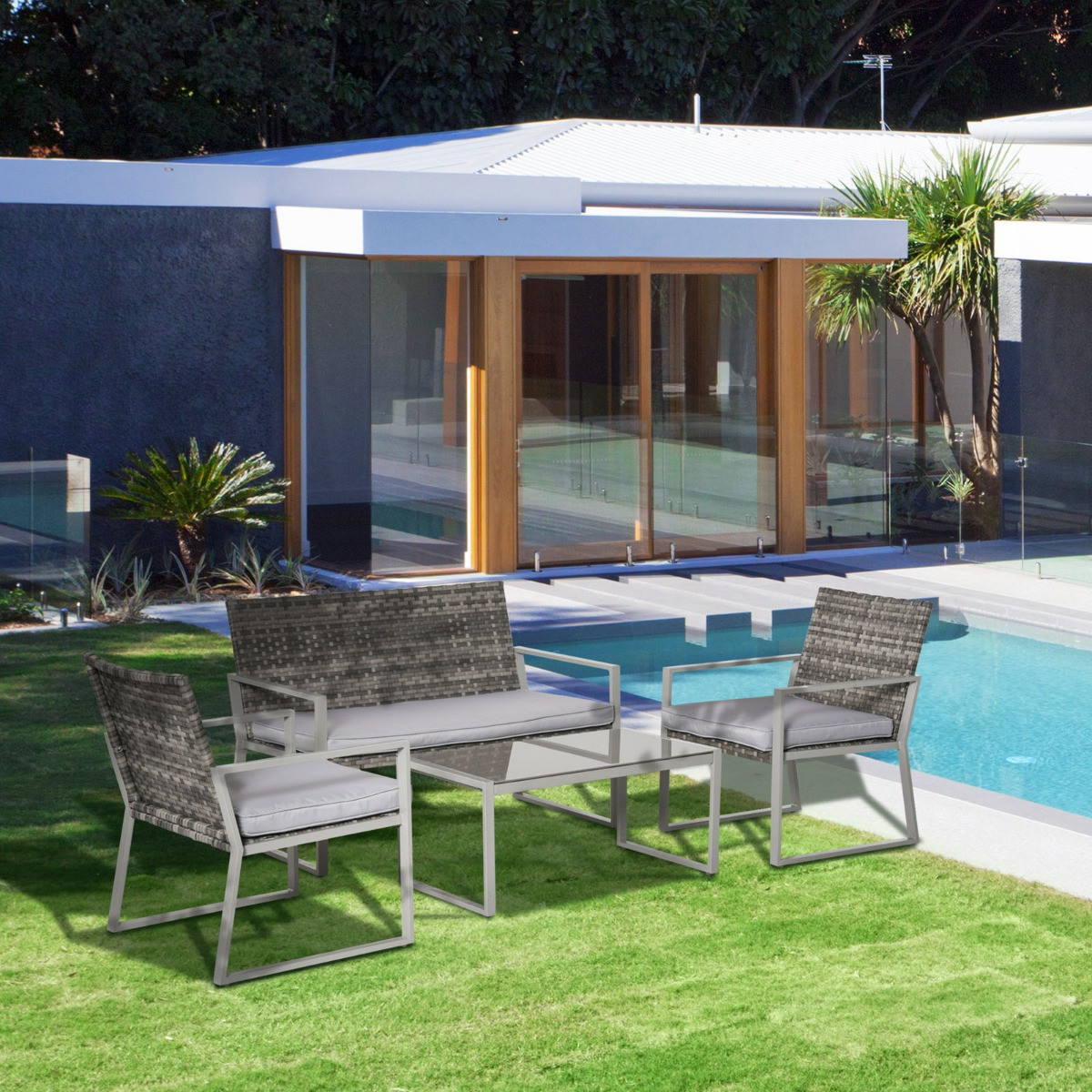 Outsunny Garden Rattan Furniture Set, Grey - 4 Seater>