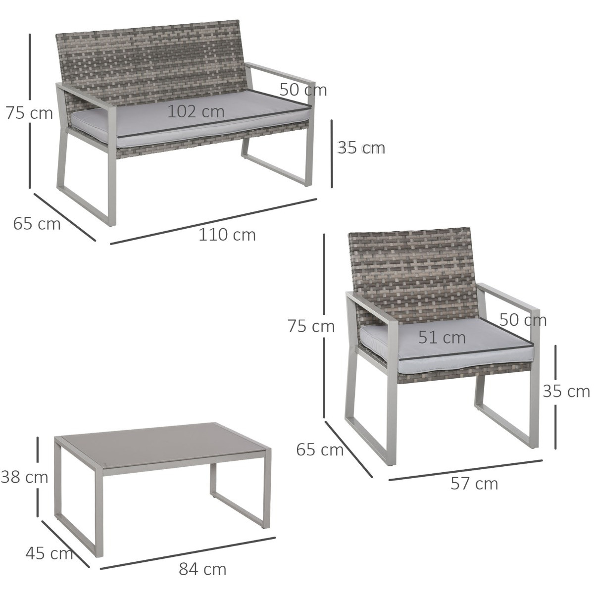 Outsunny Garden Rattan Furniture Set, Grey - 4 Seater>