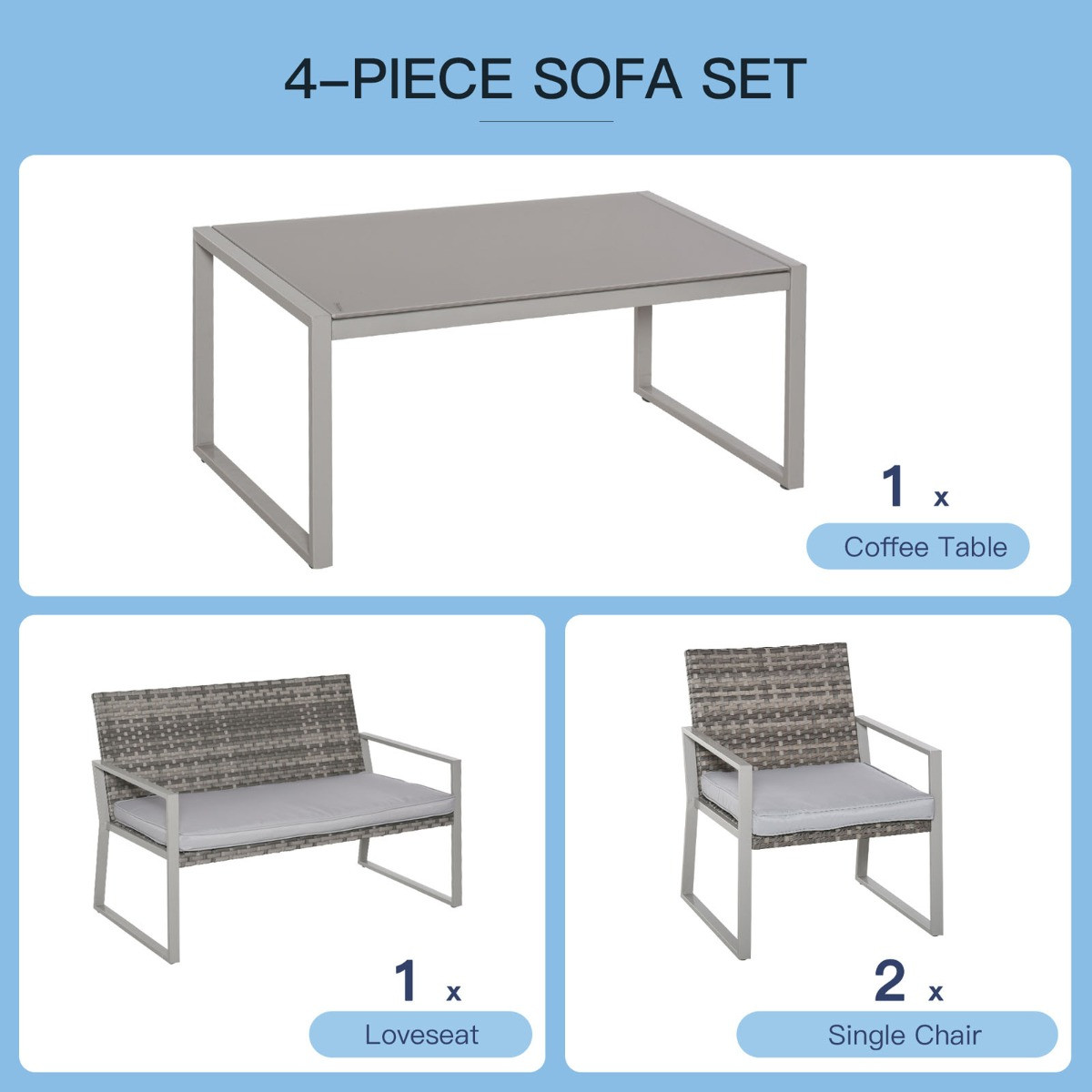 Outsunny Garden Rattan Furniture Set, Grey - 4 Seater>