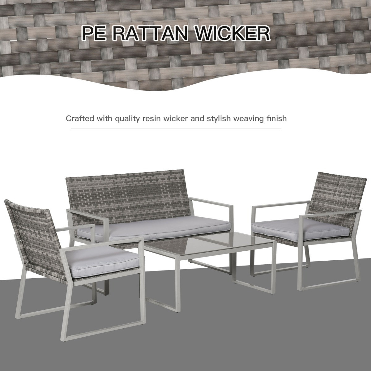 Outsunny Garden Rattan Furniture Set, Grey - 4 Seater>