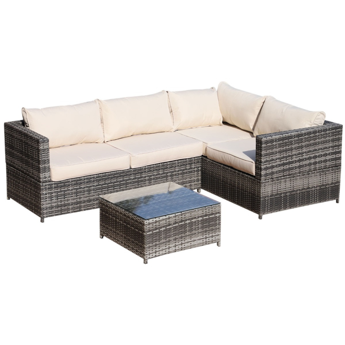 Outsunny Rattan Corner Sofa Set With Coffee Table, Grey/Beige - 4 Seater>