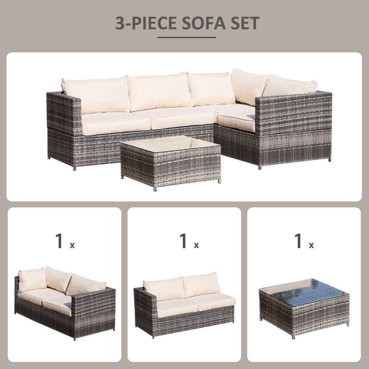 Outsunny Rattan Corner Sofa Set With Coffee Table, Grey/Beige - 4 Seater>