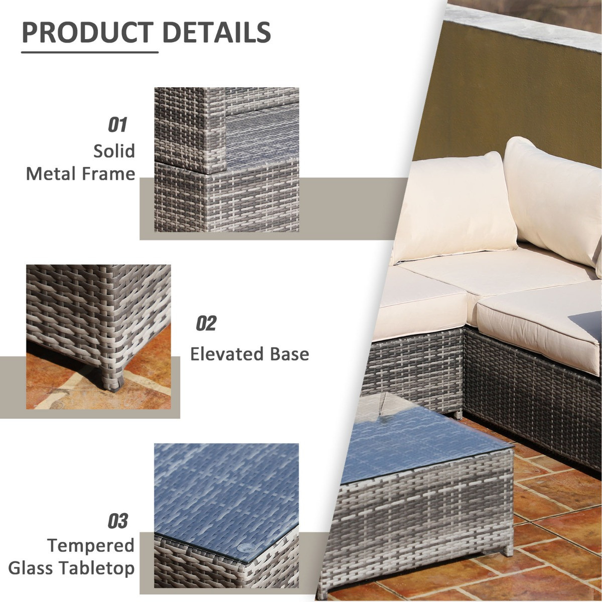 Outsunny Rattan Corner Sofa Set With Coffee Table, Grey/Beige - 4 Seater>