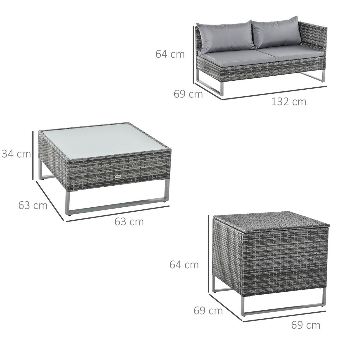 Outsunny Rattan Garden Furniture Sofa Set, Mixed Grey - 4 Seater>