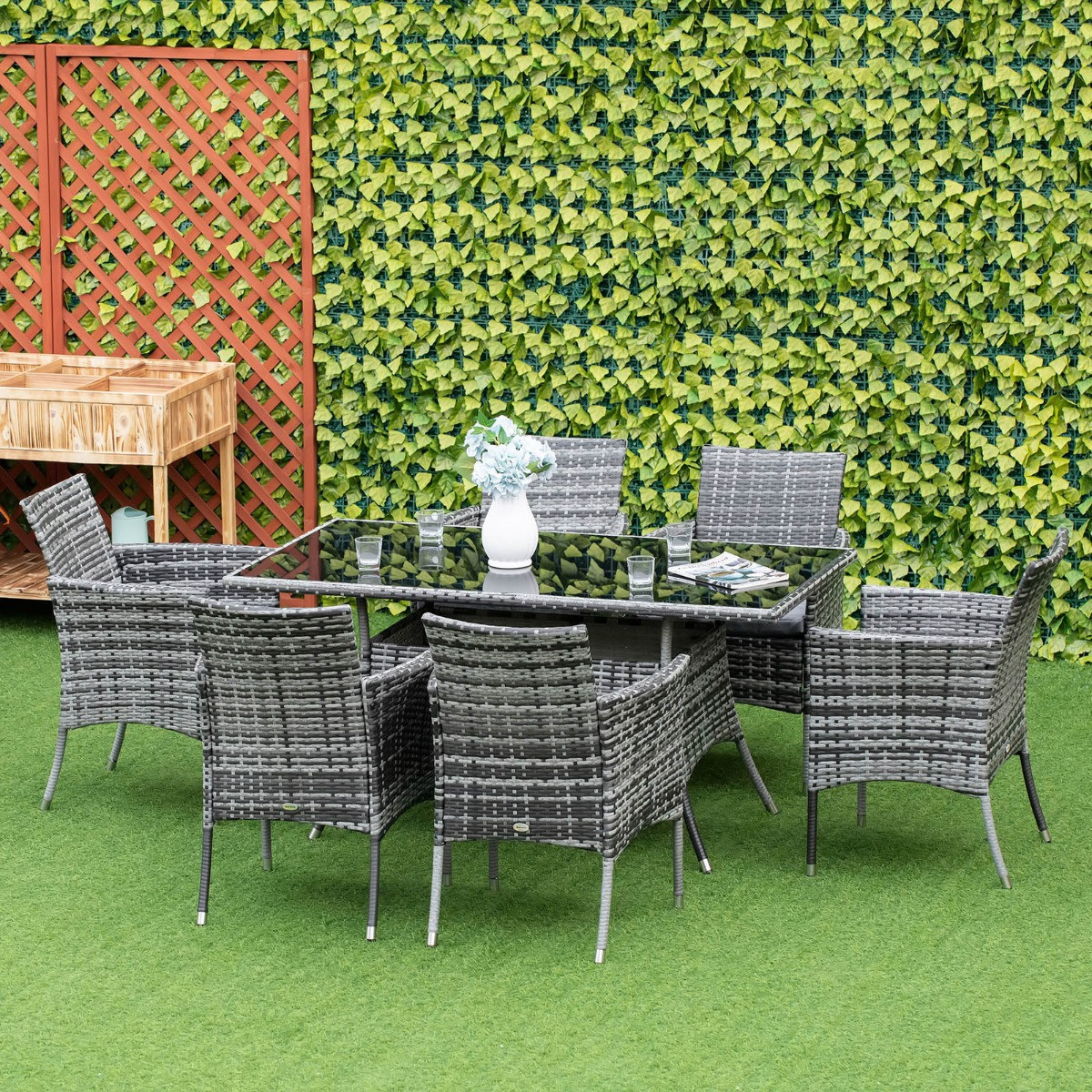 Outsunny Rattan Garden Furniture Dining Set, Grey - 7Pc>