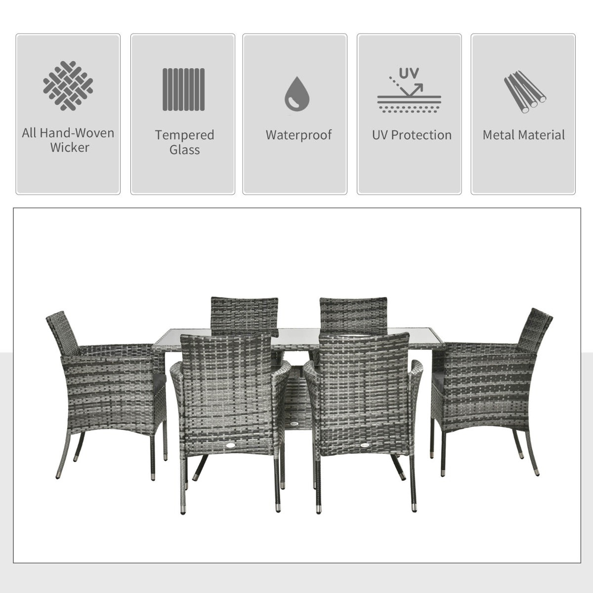 Outsunny Rattan Garden Furniture Dining Set, Grey - 7Pc>