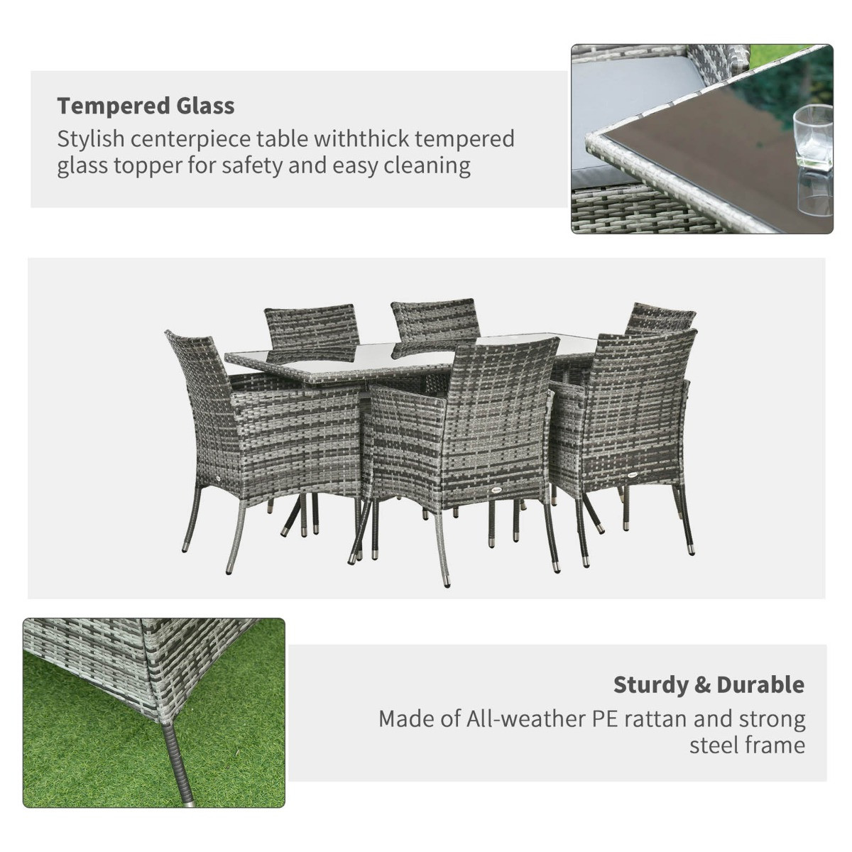 Outsunny Rattan Garden Furniture Dining Set, Grey - 7Pc>
