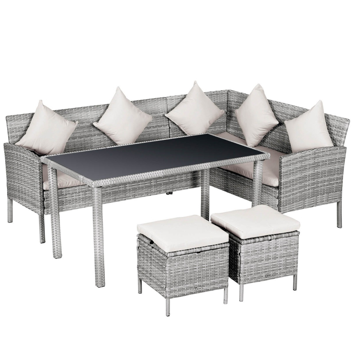 Outsunny Rattan Dining Corner Sofa Set, Light Grey - 6 Seater>