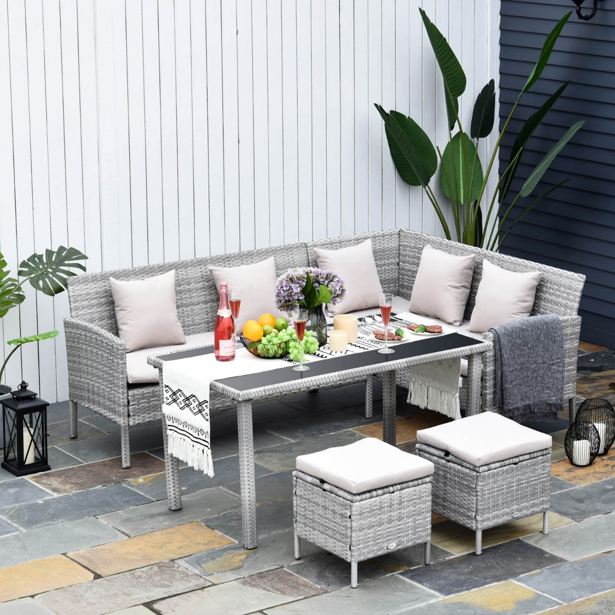 Outsunny Rattan Dining Corner Sofa Set, Light Grey - 6 Seater>
