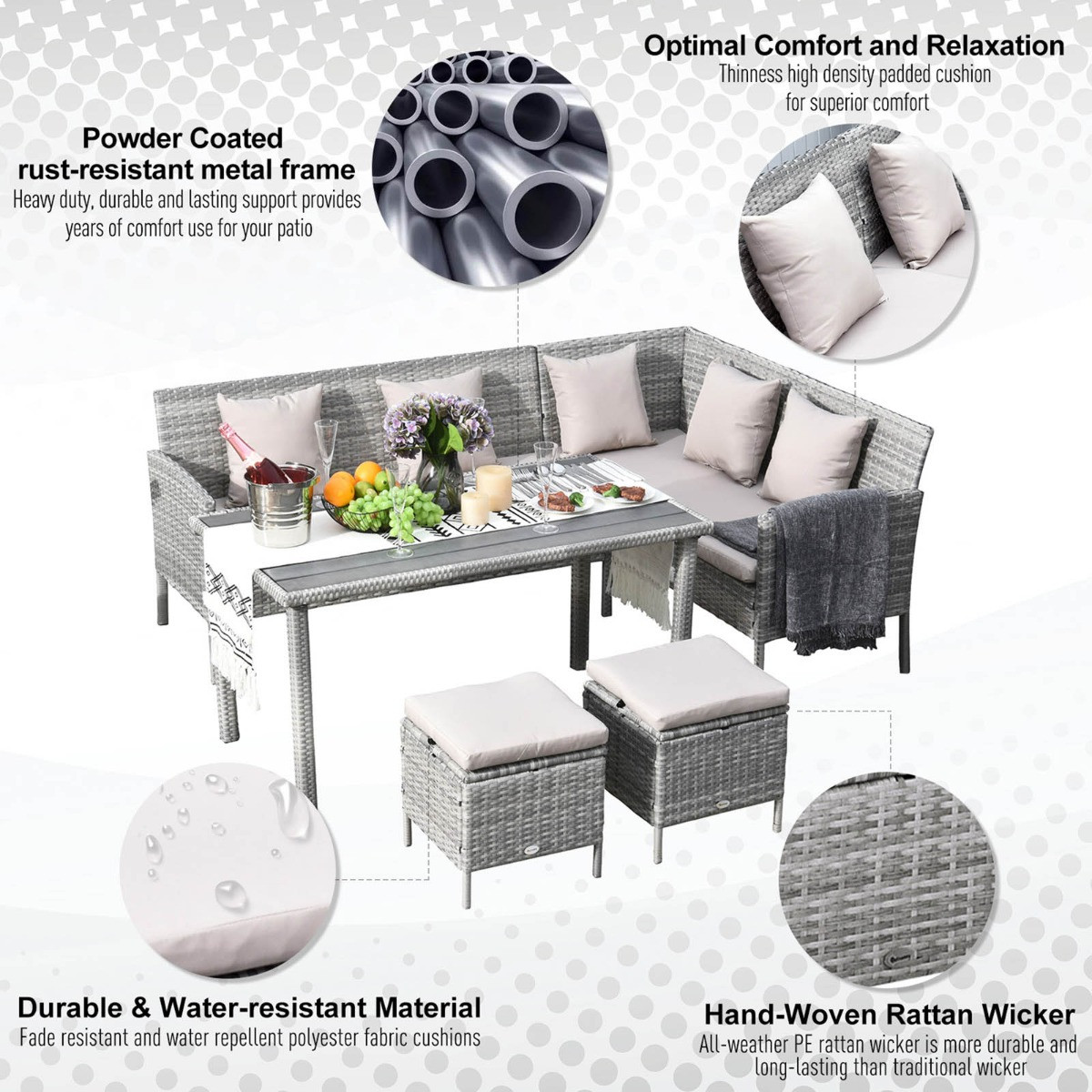 Outsunny Rattan Dining Corner Sofa Set, Light Grey - 6 Seater>