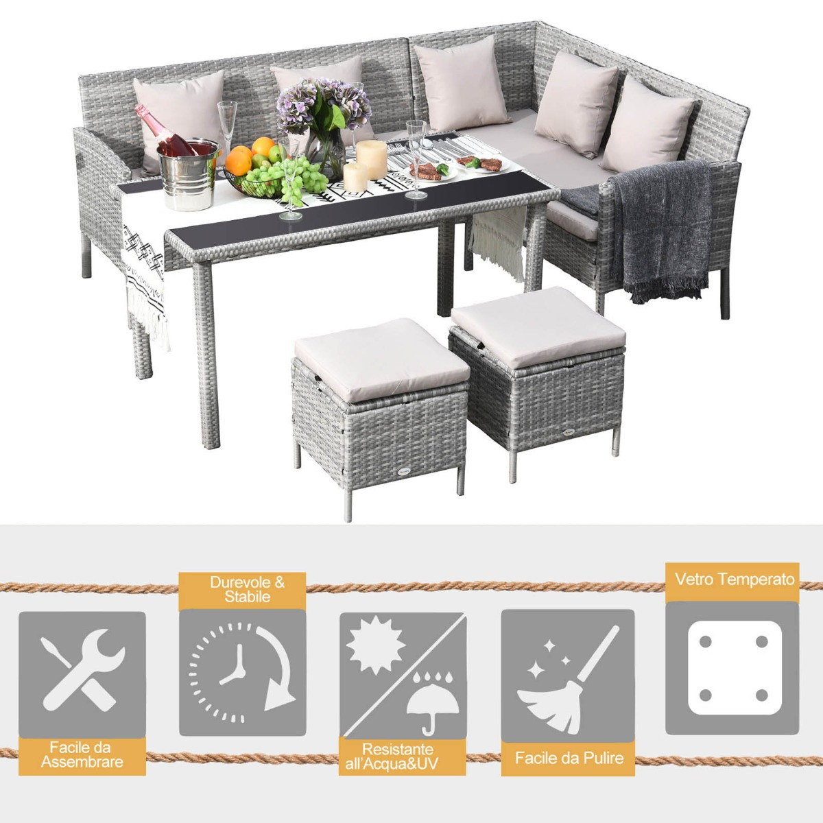 Outsunny Rattan Dining Corner Sofa Set, Light Grey - 6 Seater>