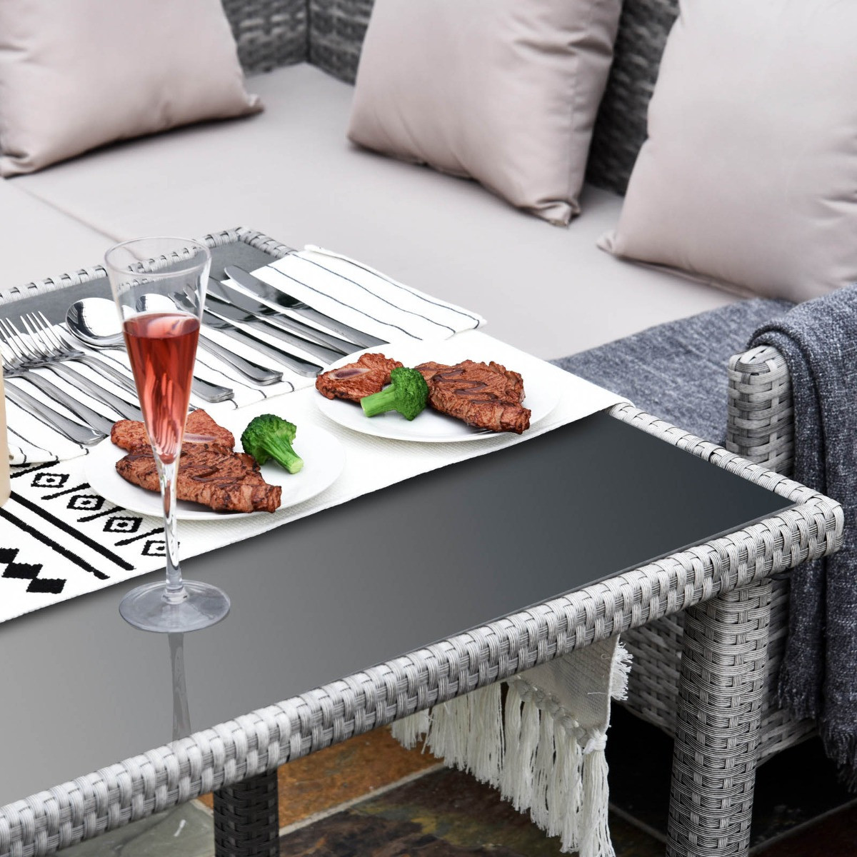 Outsunny Rattan Dining Corner Sofa Set, Light Grey - 6 Seater>