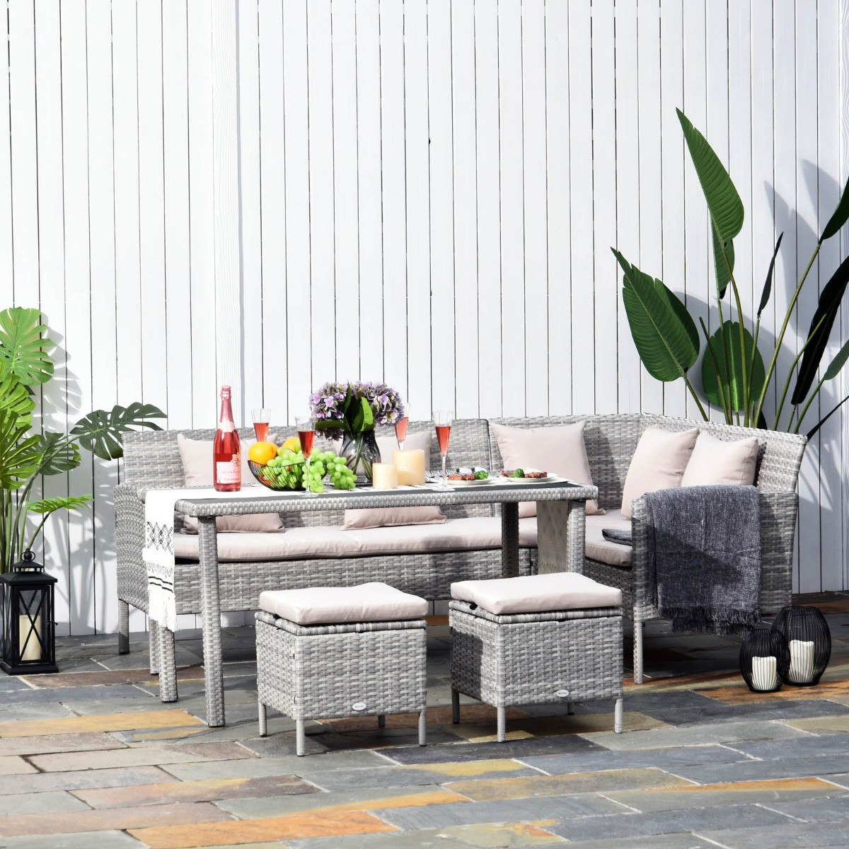 Outsunny Rattan Dining Corner Sofa Set, Light Grey - 6 Seater>