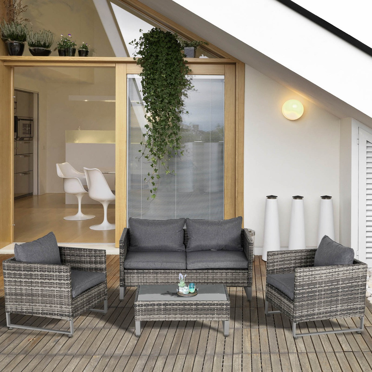 Outsunny  Wicker Rattan Dining Lounge Set, Grey - 4 Seater>