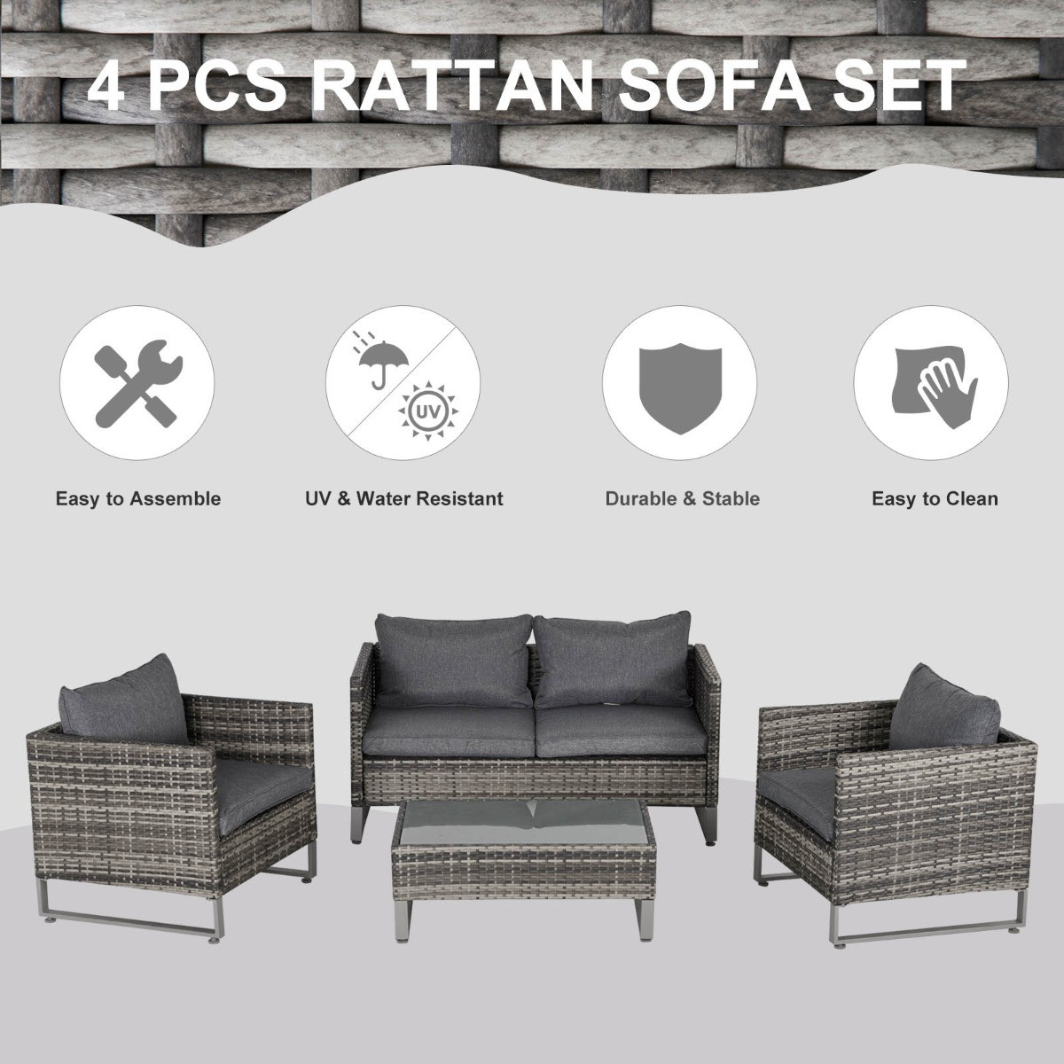 Outsunny  Wicker Rattan Dining Lounge Set, Grey - 4 Seater>