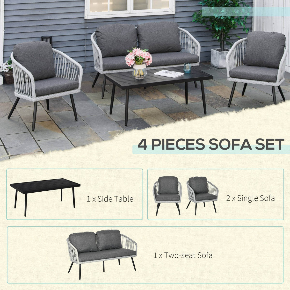 Outsunny Patio Sofa Set With Loveseat, Grey - 5 Seater>