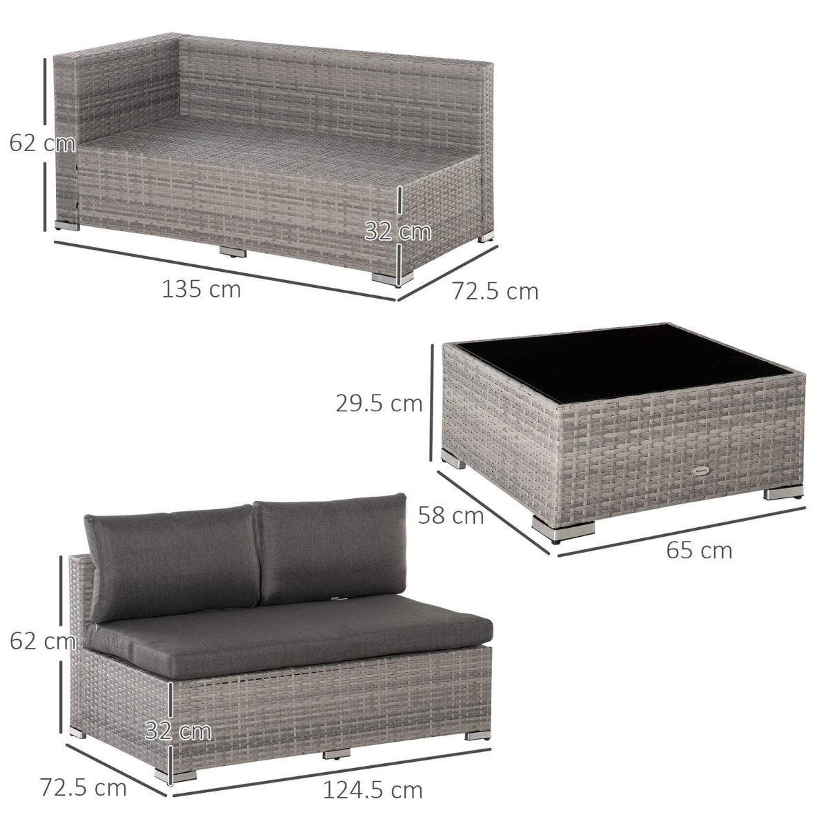 Outsunny Wicker Rattan Sofa Set With Coffee Table, Grey - 6 Seater>