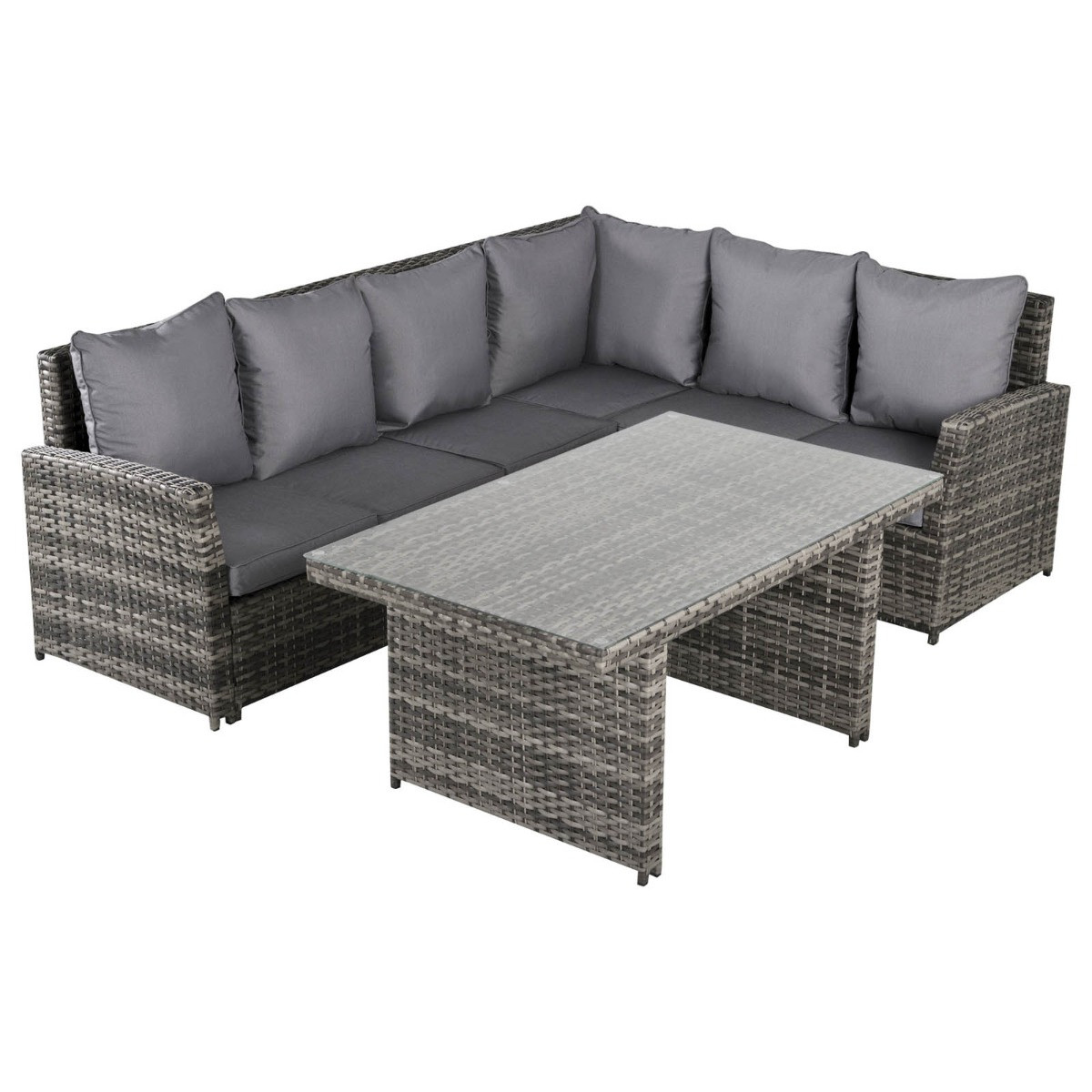 Outsunny Rattan Corner Sofa Dining Set With Tempered Glass Table, Grey - 5 Seater>