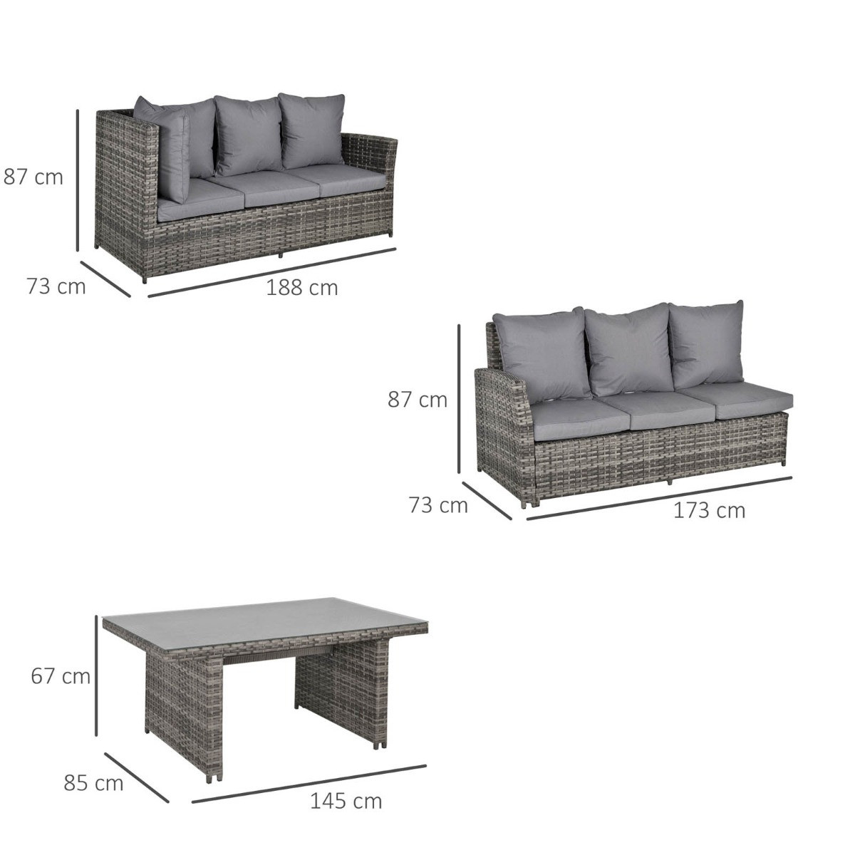 Outsunny Rattan Corner Sofa Dining Set With Tempered Glass Table, Grey - 5 Seater>