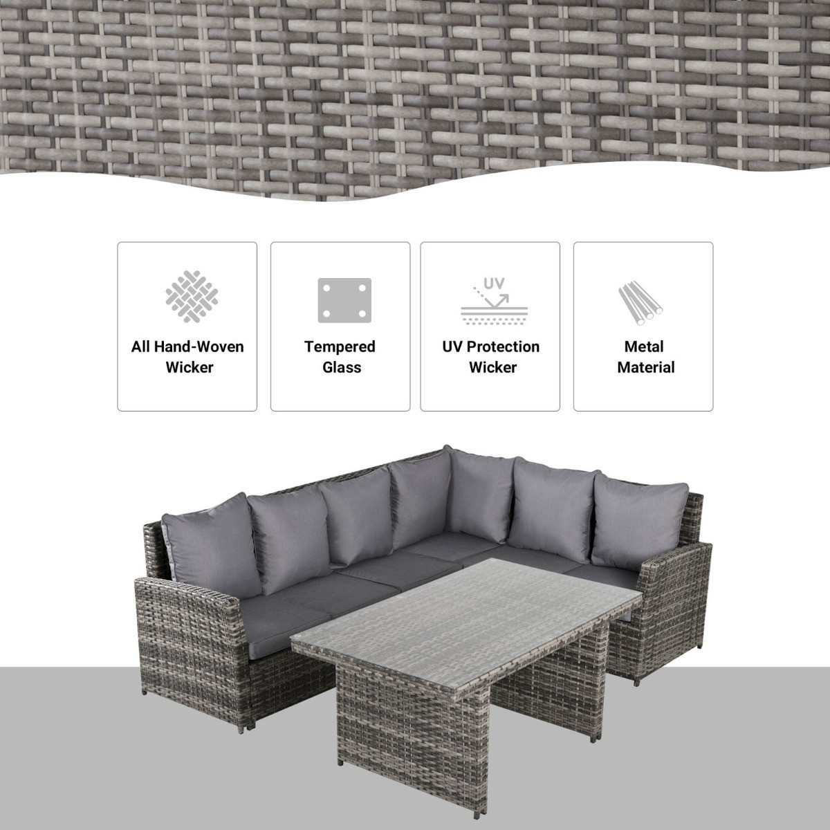 Outsunny Rattan Corner Sofa Dining Set With Tempered Glass Table, Grey - 5 Seater>