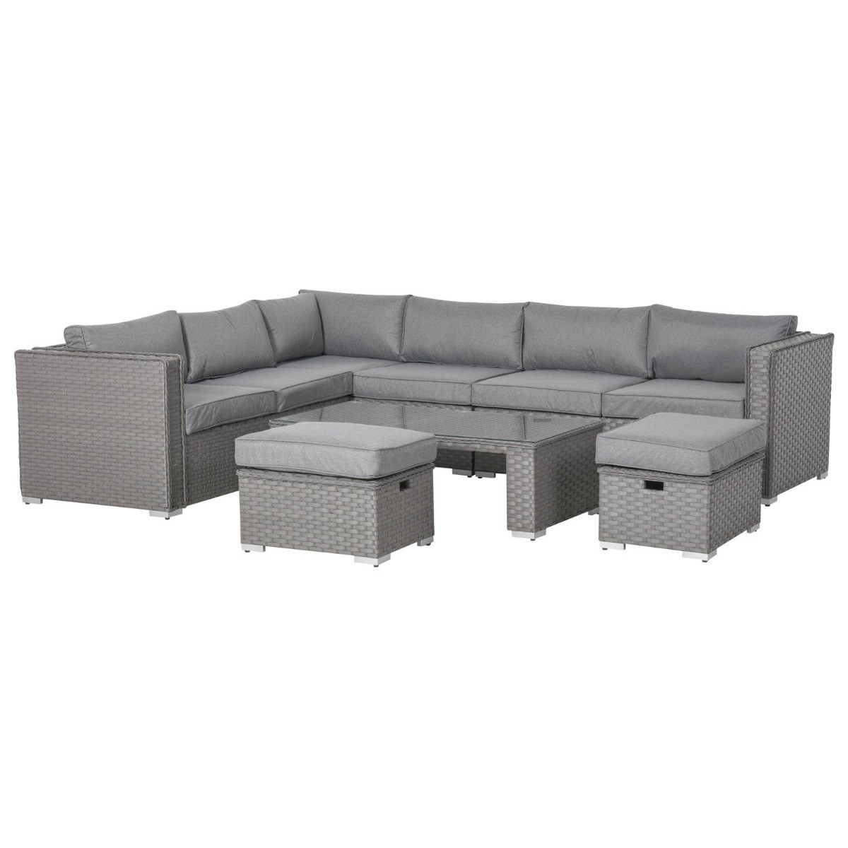 Outsunny Rattan Corner Sofa Set With Table & Footstools, Grey - 8 Seater>