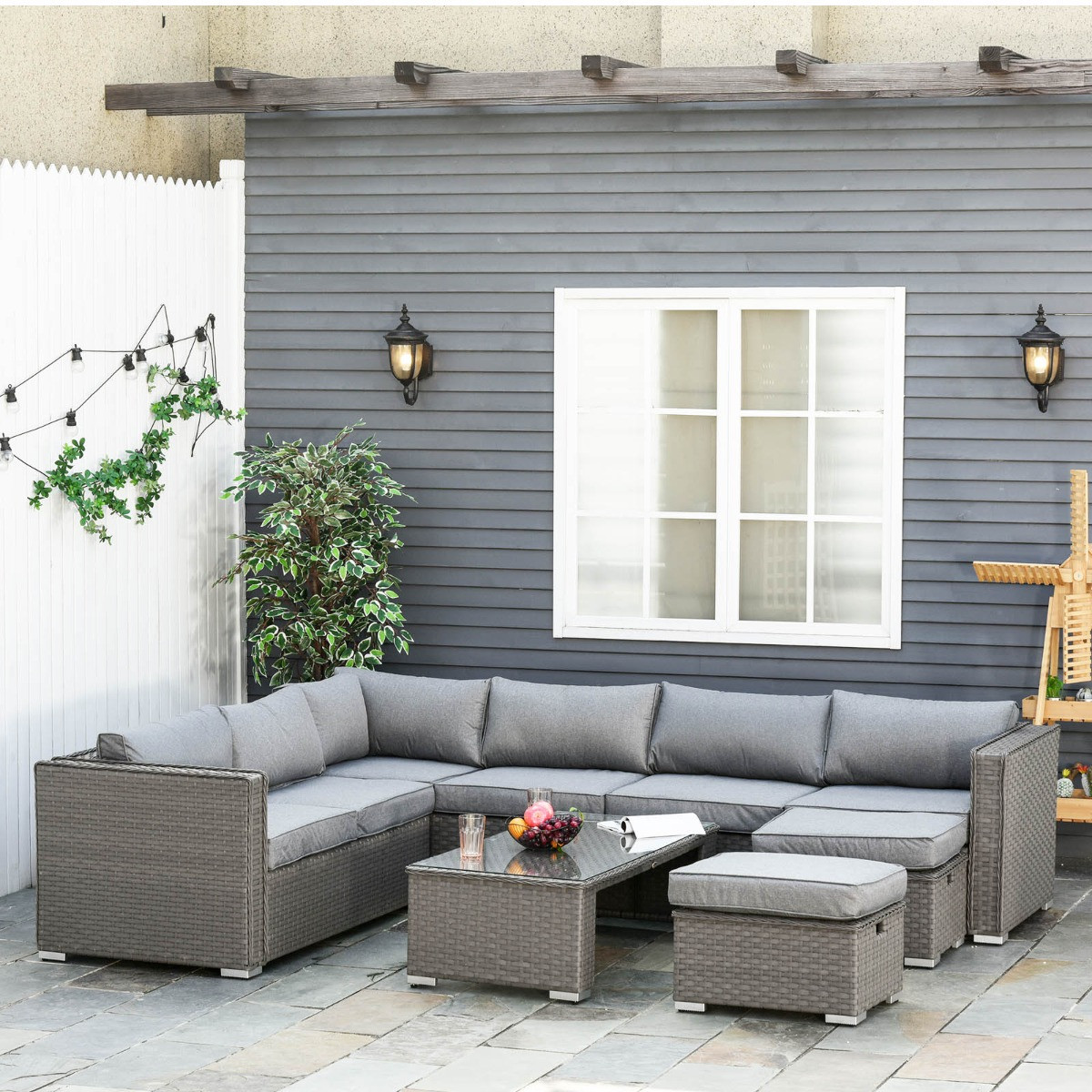 Outsunny Rattan Corner Sofa Set With Table & Footstools, Grey - 8 Seater>
