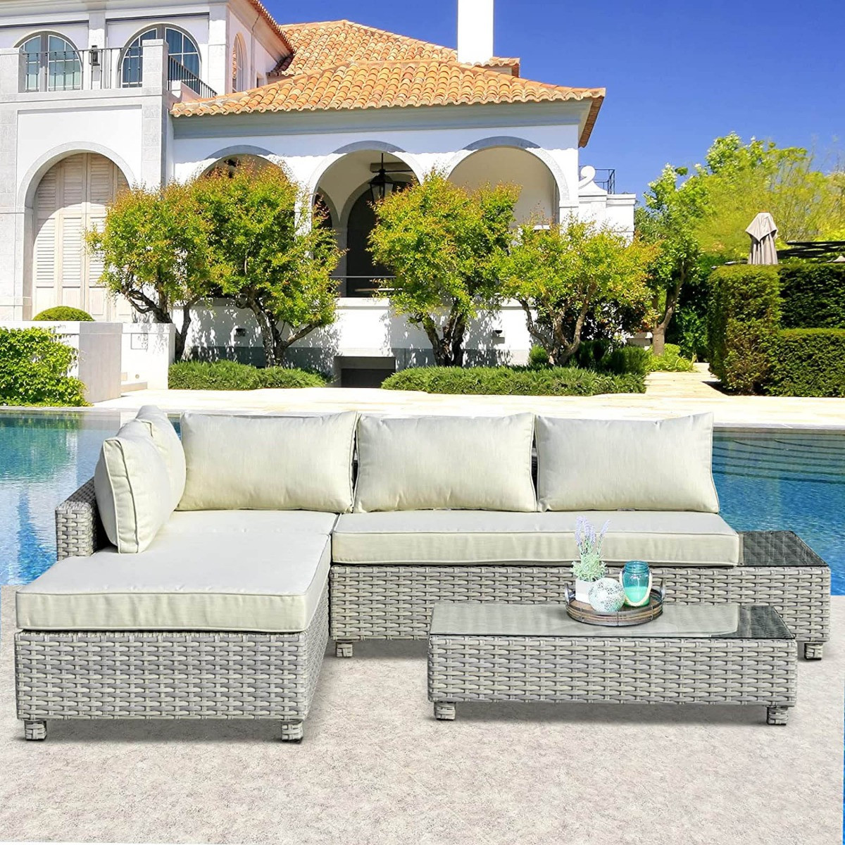 Outsunny Rattan Sofa Set With Chaise & Adjustable Backrest, Mixed Grey - 5 Seater>