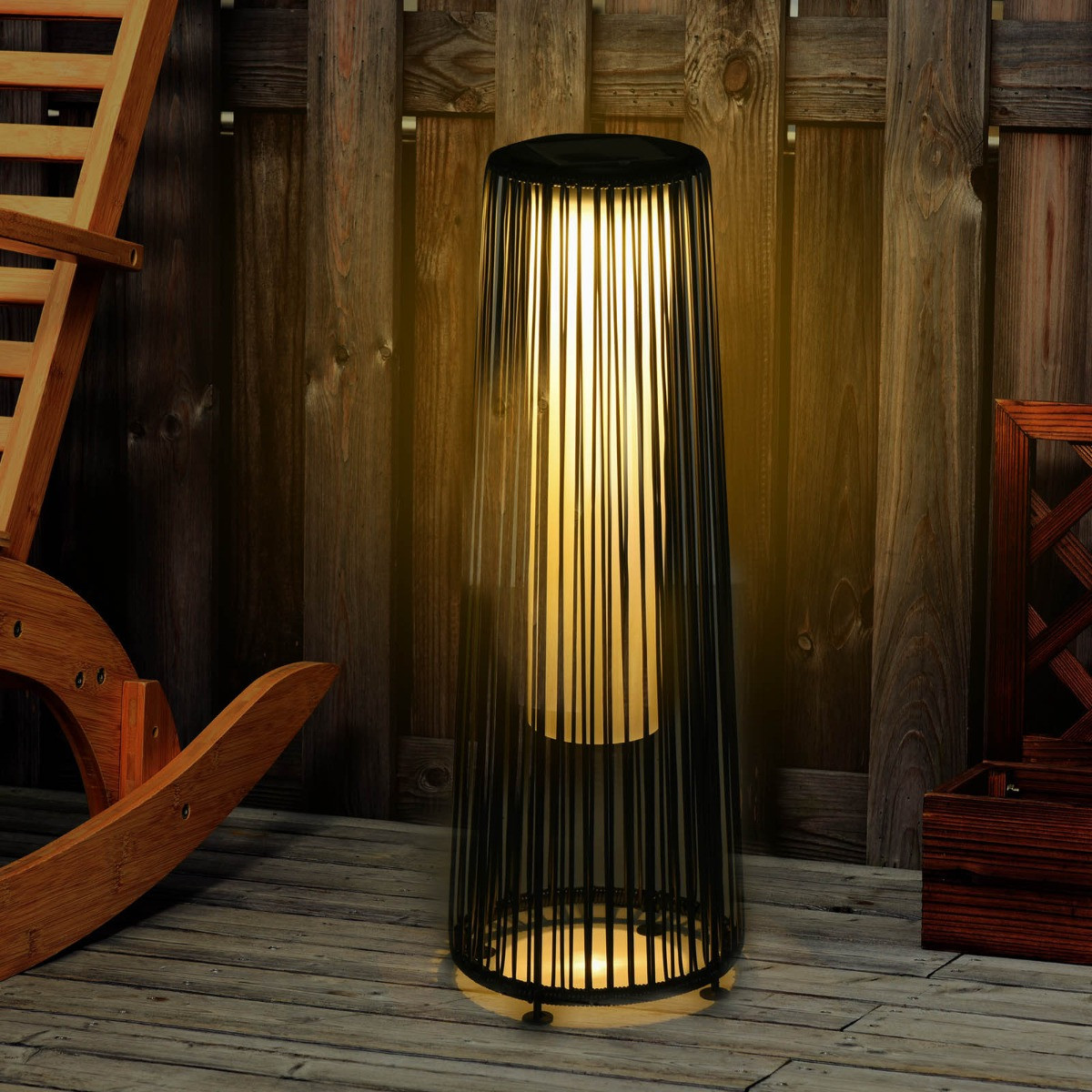 Outsunny Woven Resin Wicker Outdoor Solar Lantern Light - Black>